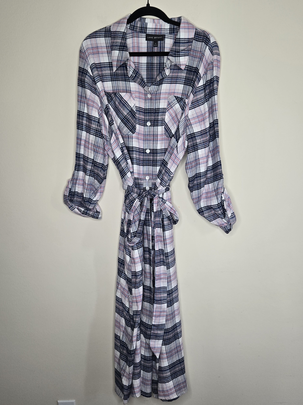Lane Bryant Plaid Shirt Dress Size 20 Pink Blue Midi Button Front Tie Waist Plus - Picture 2 of 9